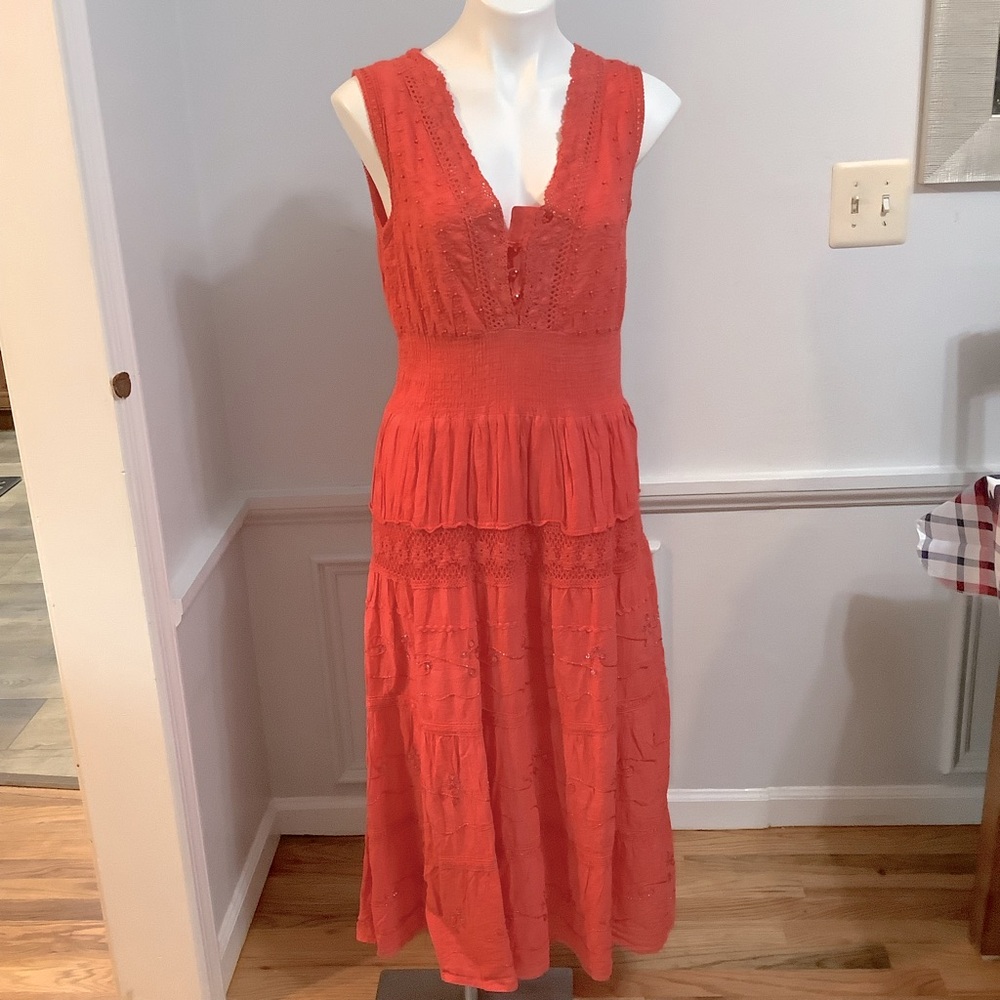 ELEGANT ORANGE SLEEVELESS MAXI DRESS WITH DIAMOND STUDS